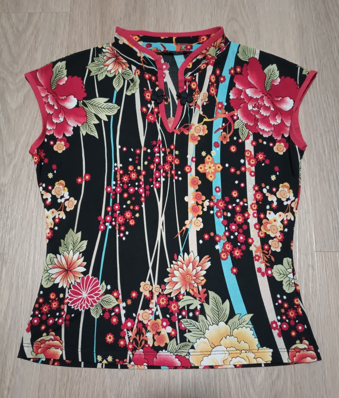Vtg 90s Asian Art Artsy Painting Inspired Floral Mandarin Collar Stretchy Top XS