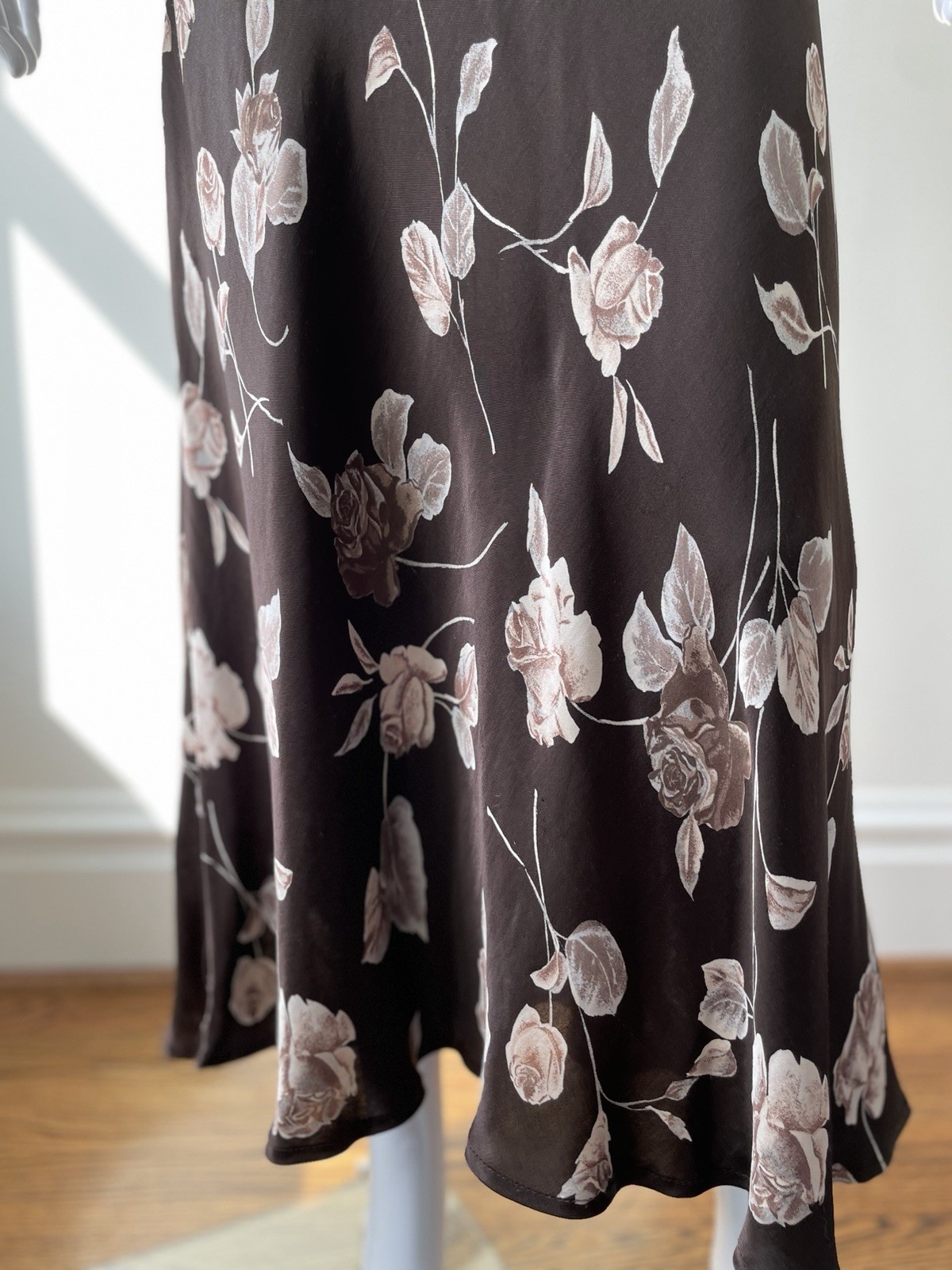 Vintage S M Dress Maxi Velour Satin Rose Floral print 90s Brown VGUC