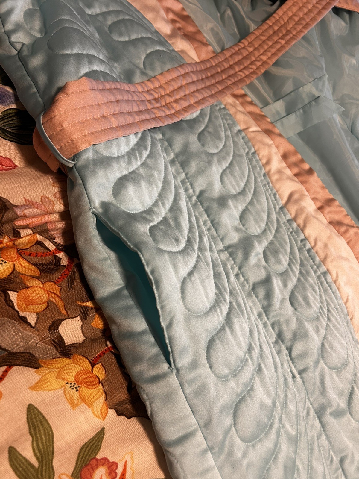 Vintage Christian Dior Lounge Wear Robe – Long Pastel Blue & Pink Belted Robe