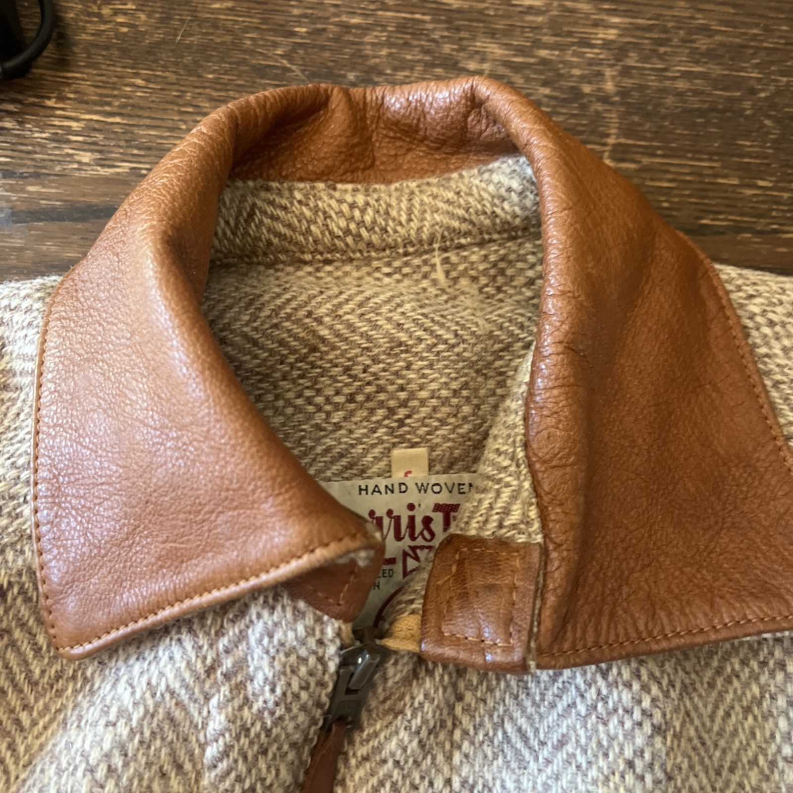 Vtg Harris Tweed Wool Jacket Size S Brown Leather Elbow Patch & Collar Zip READ