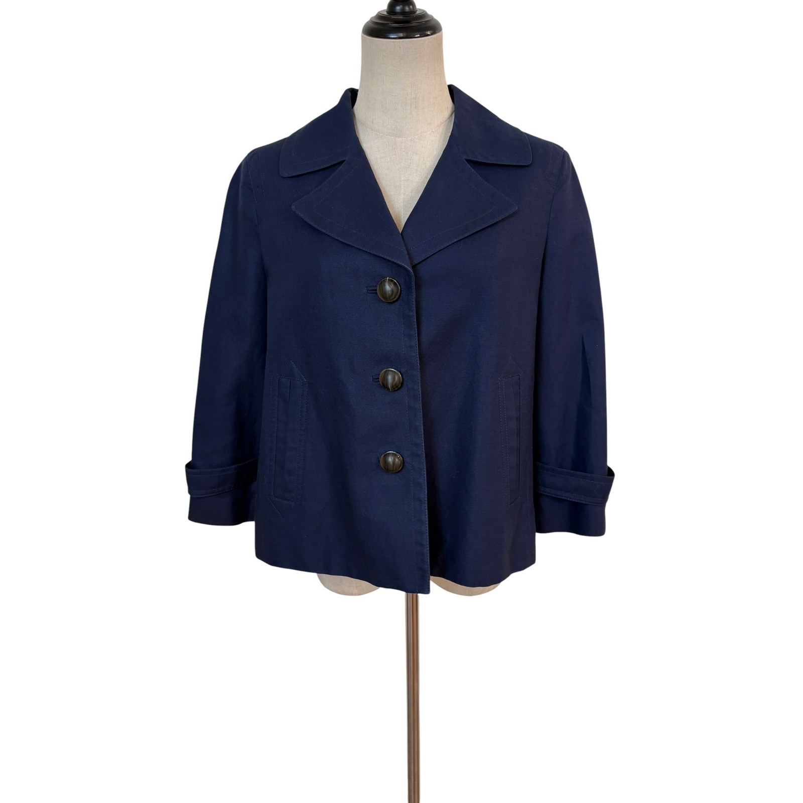 Talbots Linen Blend Jacket Navy Cropped Blazer Classic Preppy 6 mod minimalist