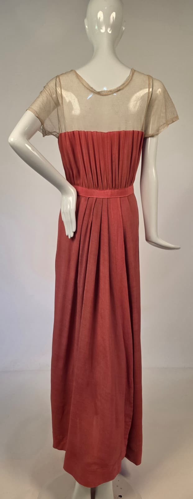 EDWARDIAN LONG SILK DRESS W LACE TRIMMED SHEER NET TOP
