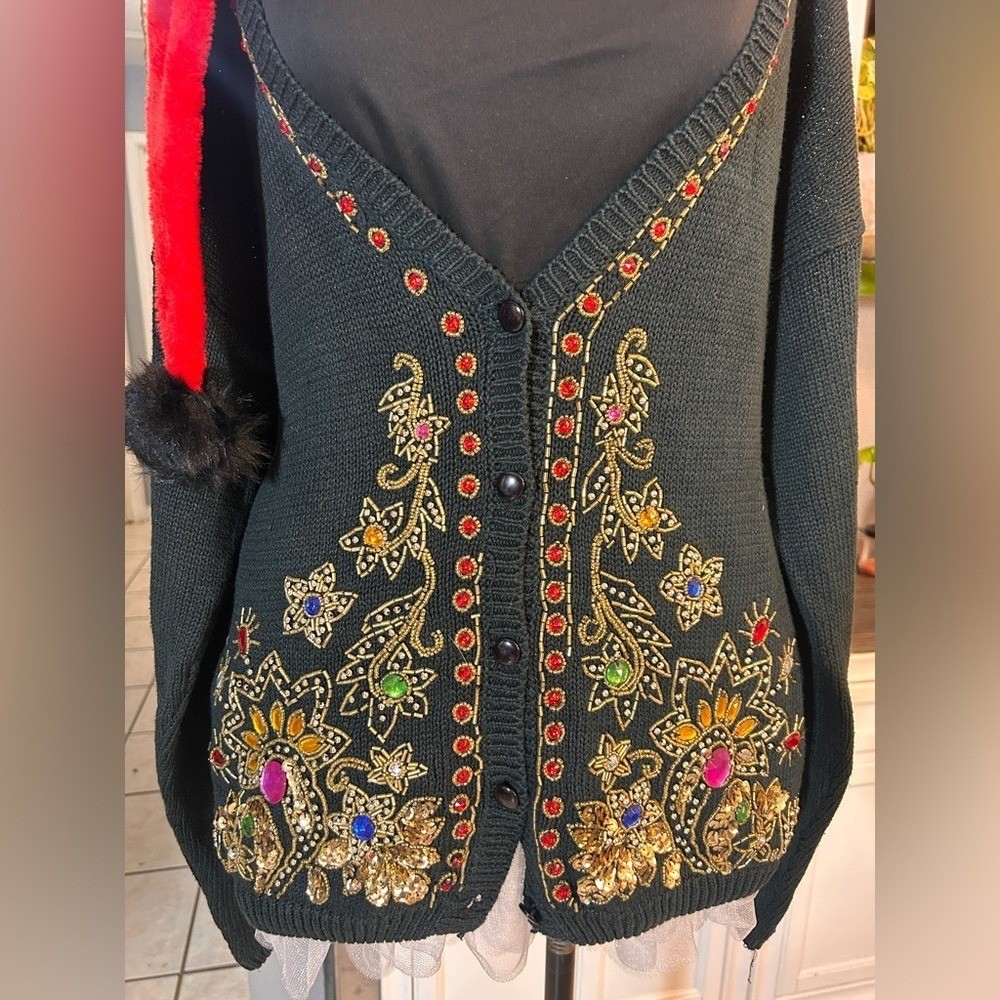 Vintage Black Beaded Sequin Gemstone Floral Cardigan Sweater Large Holiday