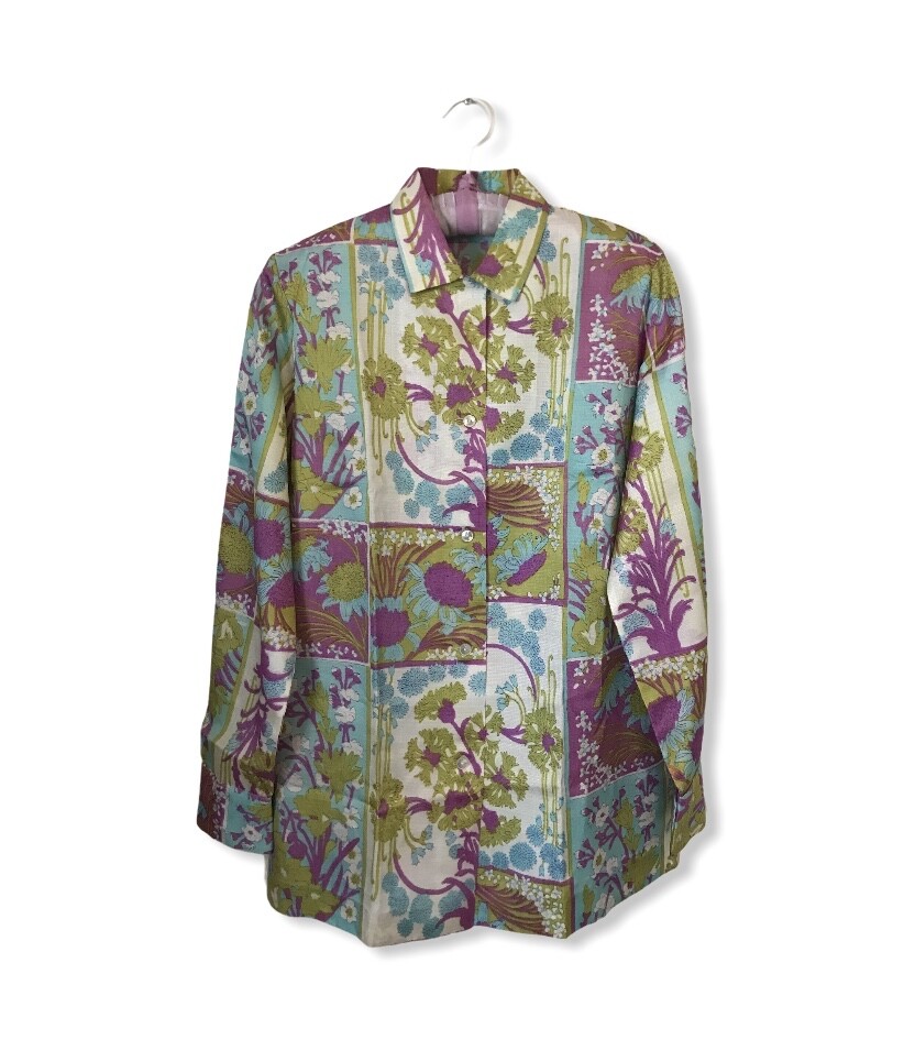 vtg 1960s 1970s LADY ARROW Floral Long Sleeve Secretary Blouse Womens SZ 12 Med