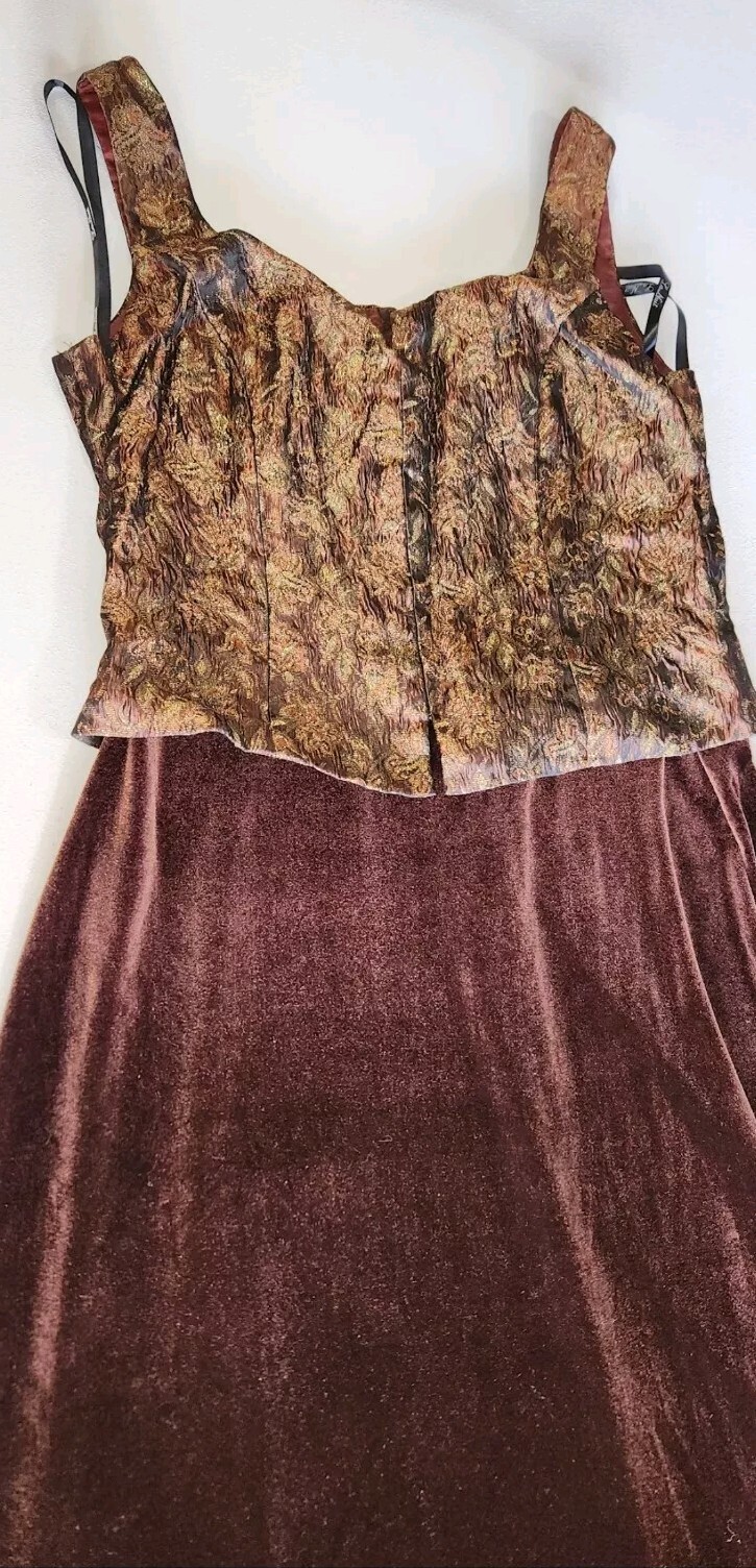 Vintage La Nuit Dress Maxi Formal Metallic Top Brown Velour Bottom Size 12- EXC
