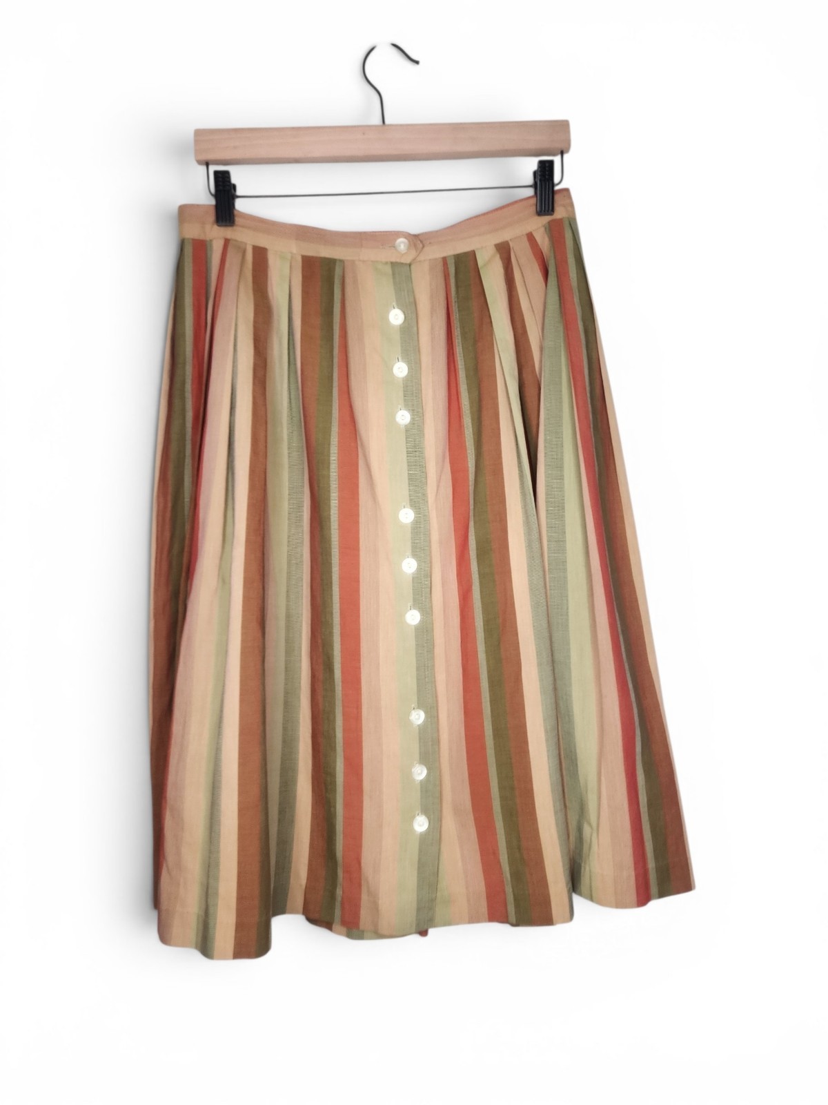 Vintage Pleated Button Front Striped Midi Skirt Size L