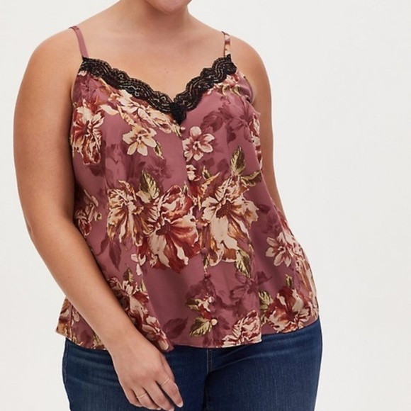 Torrid Walnut Floral & Black Lace Button Camisole‎