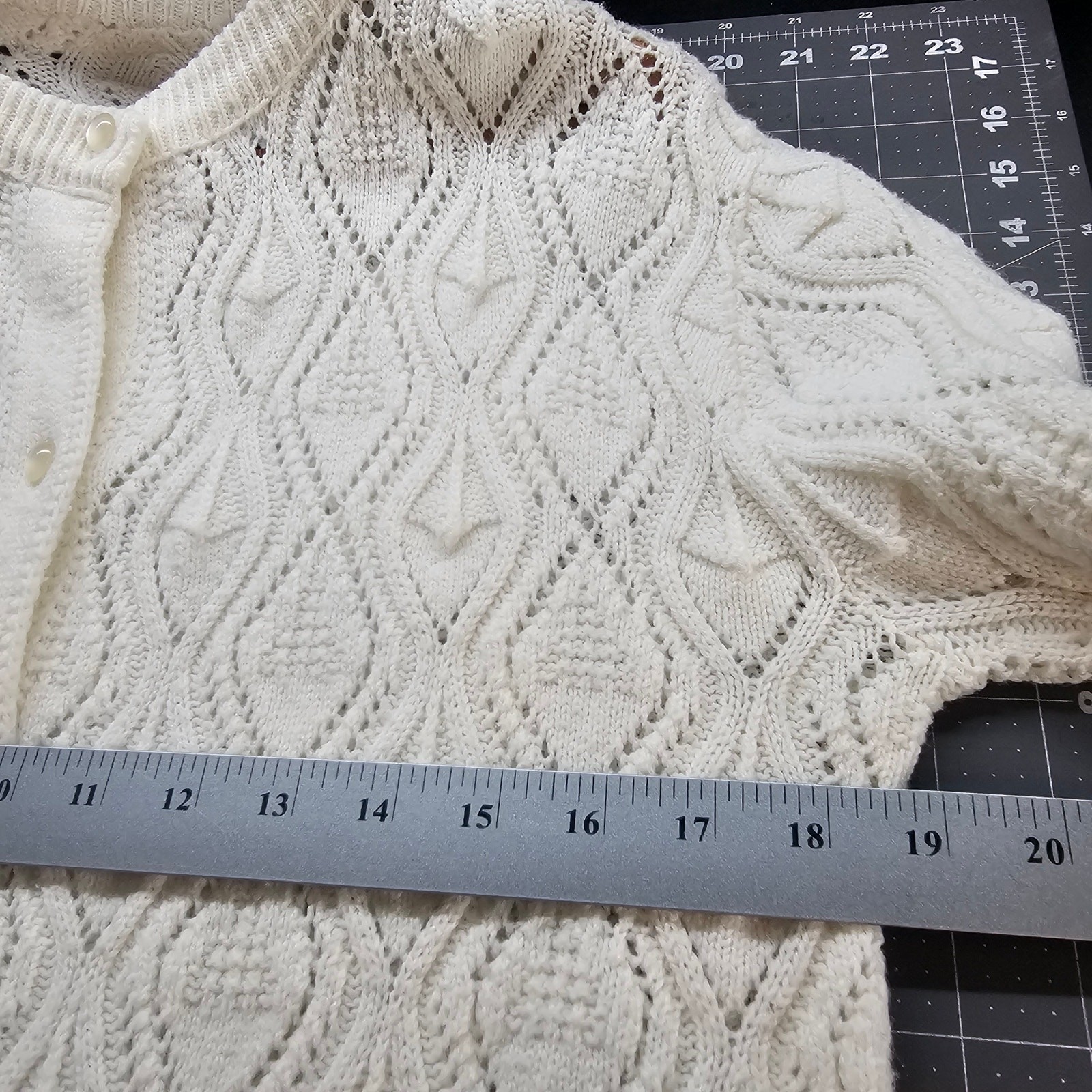 Vintage Knit Cardigan Womens Med White Cottage Button Neutral Sheer Granny Retro