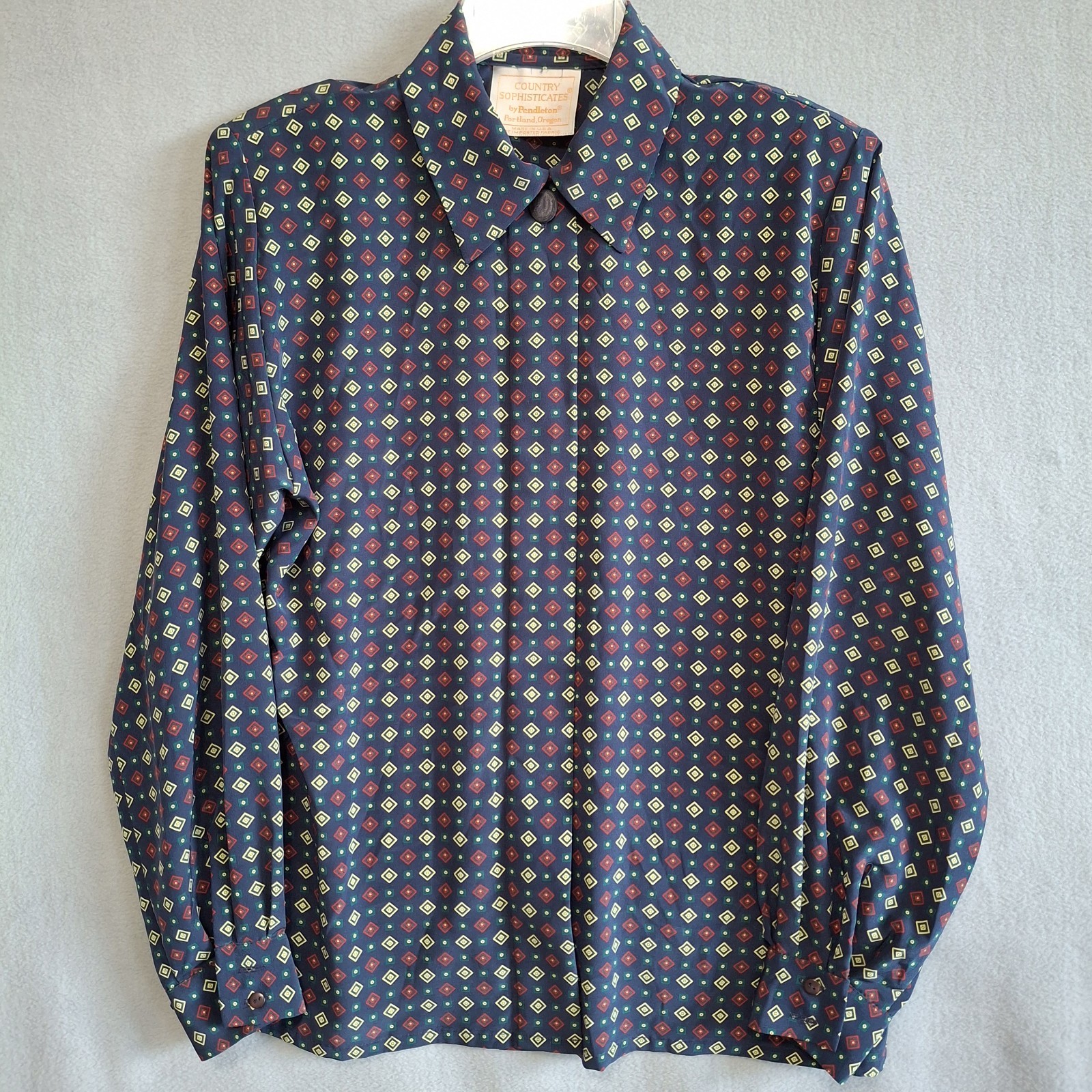 Pendleton Size 8 Blouse Vintage Button Accent Collar Blue Geometric Made In USA