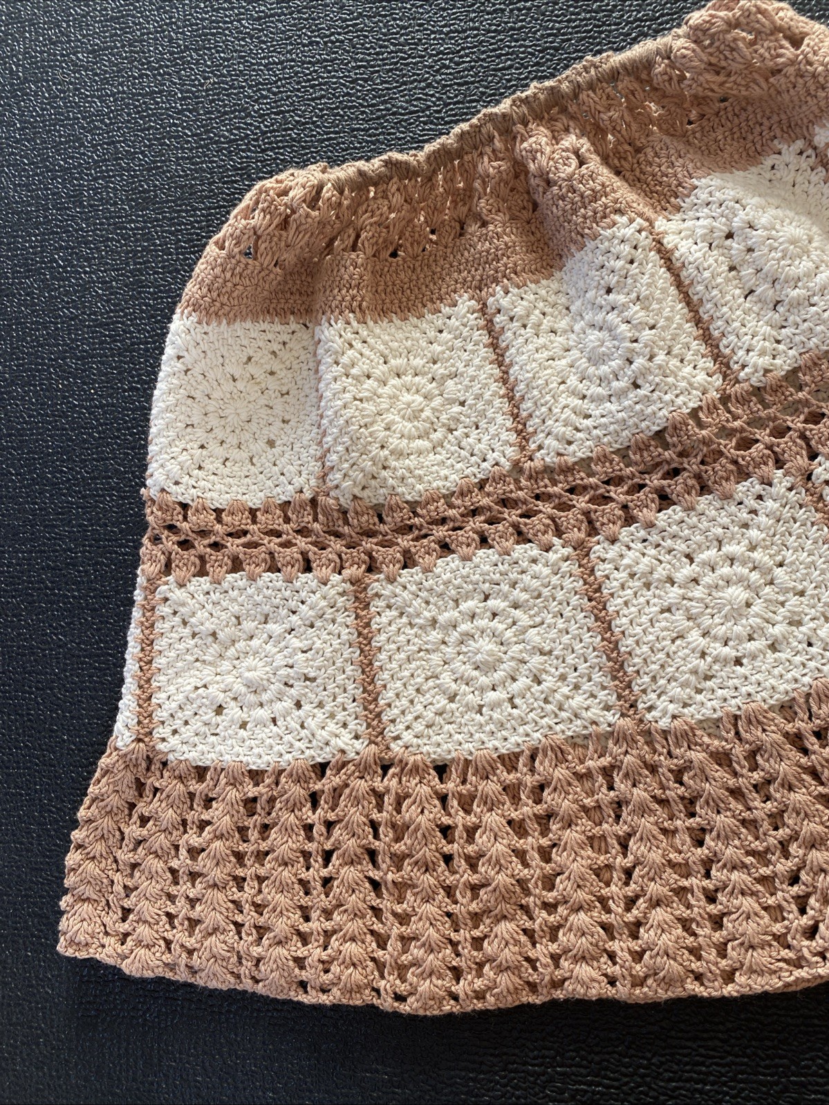 Vintage 60s 70s White And Light Brown/Beige Hand Crocheted Small