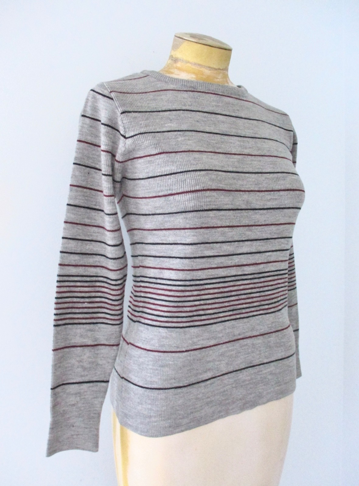Vtg 60s 70s Donnkenny Gray Red Navy Stripe Acrylic Knit Sweater Disco Top S/M