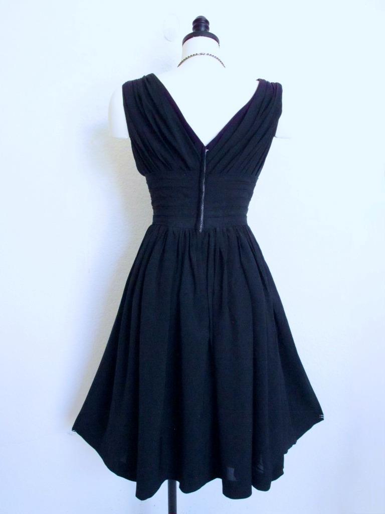 Vintage 50s Miss Elliette Black Cocktail Dress XS Bombshell Ruched Full Skirt