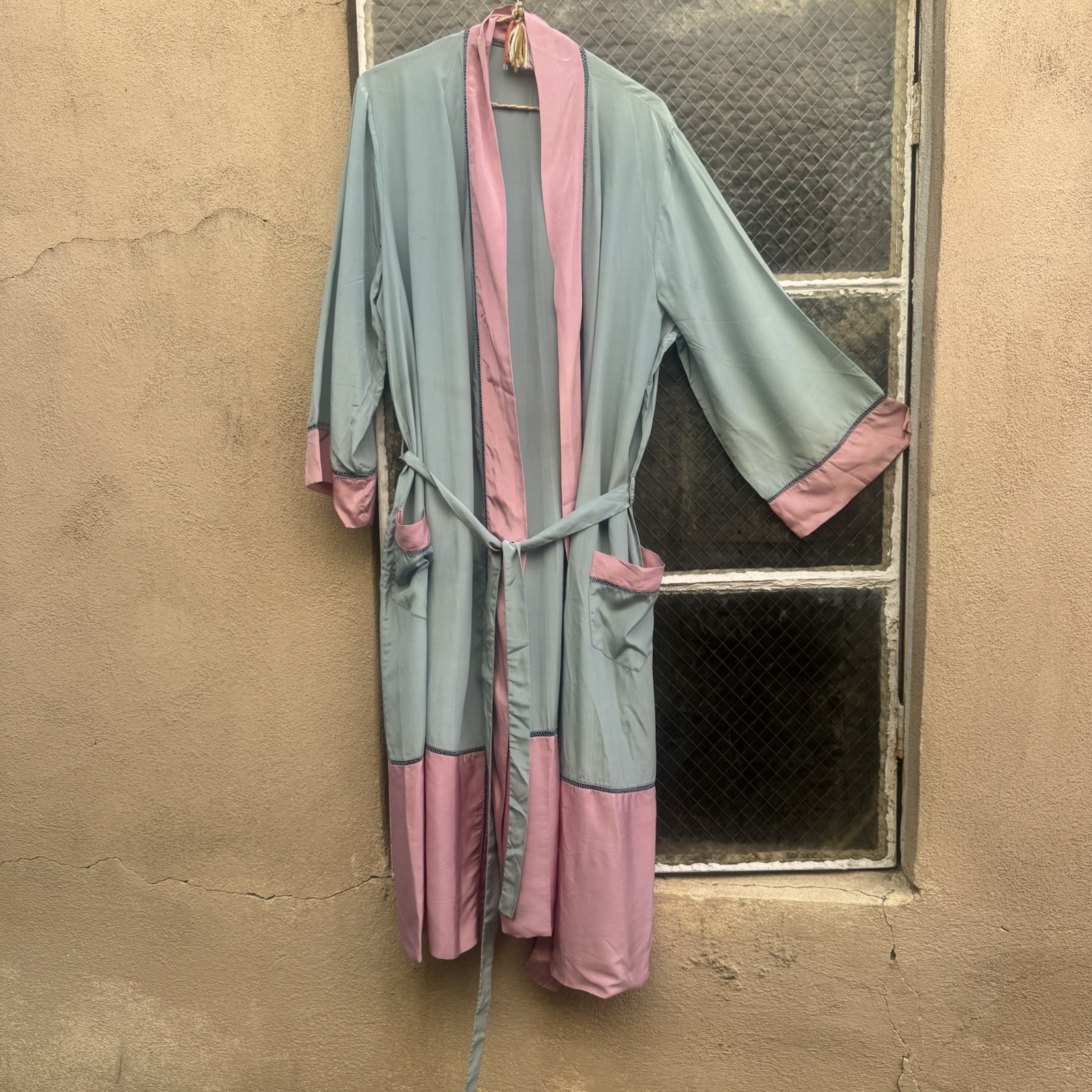 Antique 1920s Cotton Candy Blue & Pink Silk Robe Dress Coat Lounge Vintage