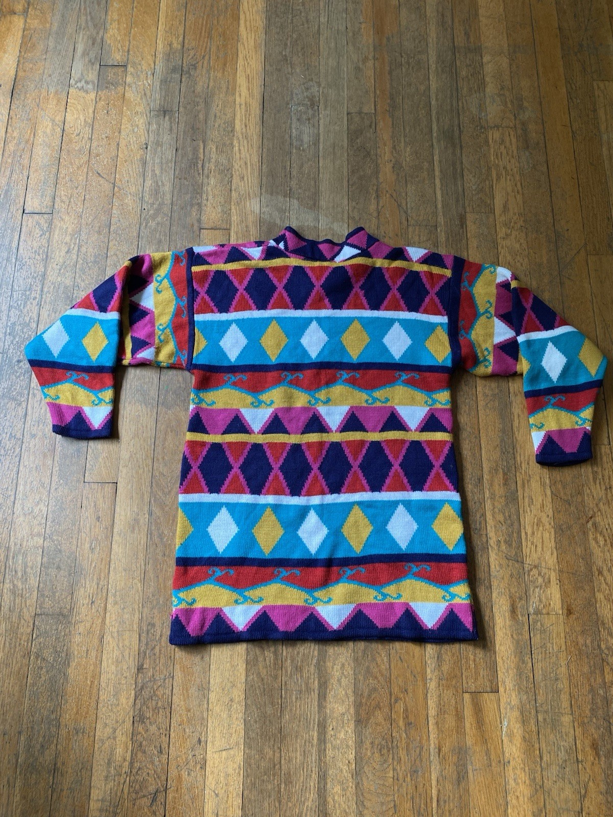 Vtg 80s Willow Ridge Geometric Diamond Knit Sweater Dress Tunic Loud Bright Med