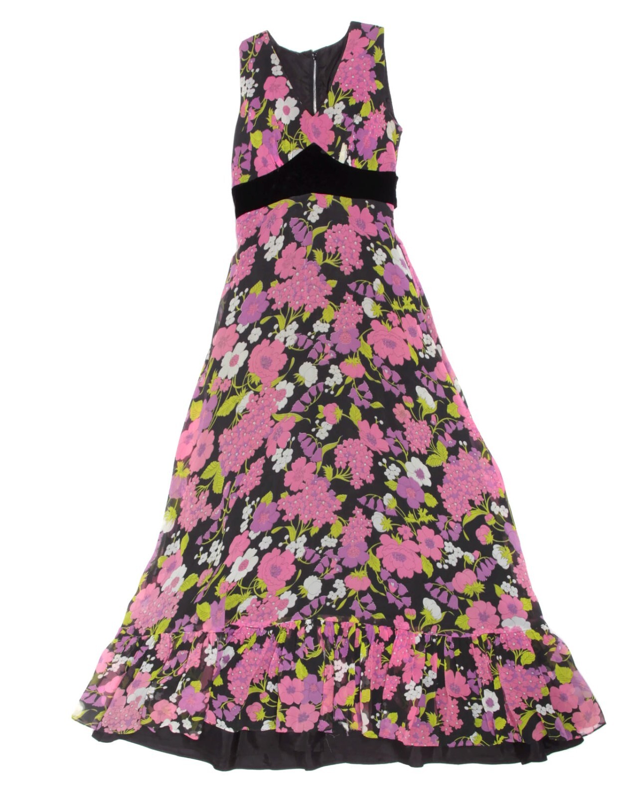 Vtg 60s Pink Purple Chiffon Black Velvet Panal Sleeveless Maxi Dress XS/XXS /932