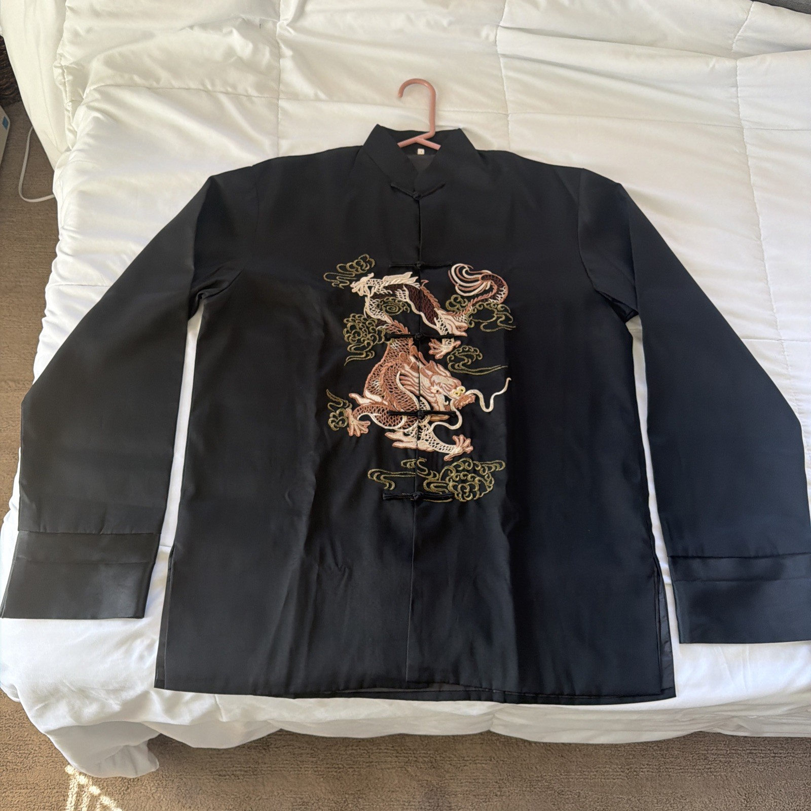 Vintage Black Chinese Gold Dragon Jacket- Poly. See measurements for sizing.