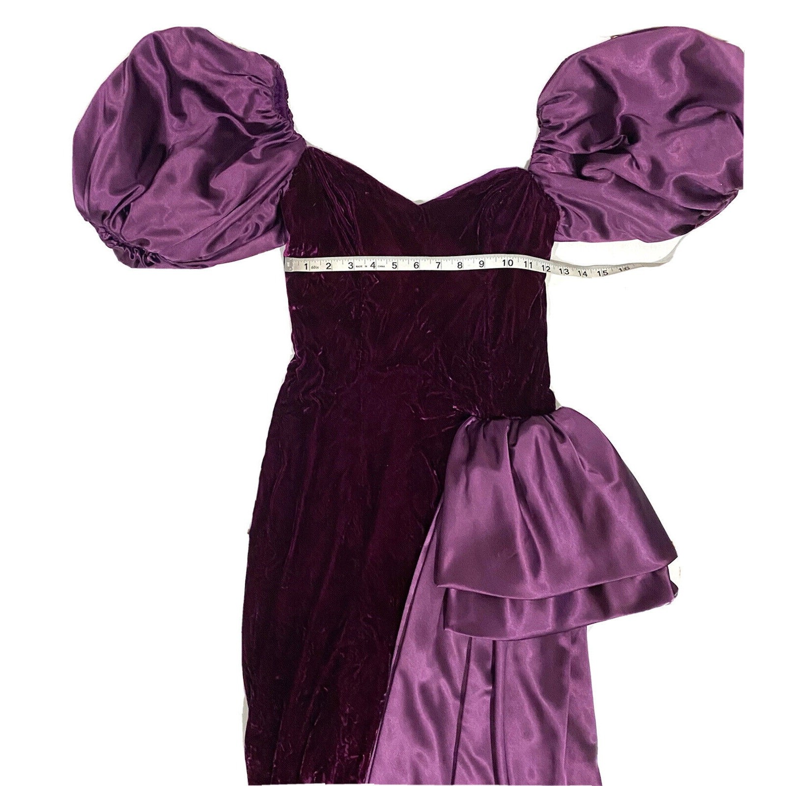 Vintage 90s Formal Dress Gown Velvet Puffy Sleeves Purple Drape Sash Women’s XS