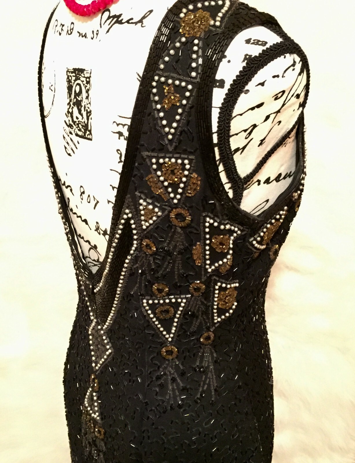 Vintage A.J. Black Formal Dress Gold and Silver Beaded Size 8 100% Wool