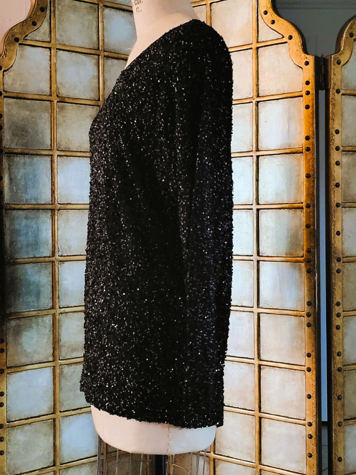 Vintage 1980s Donna Karan evening 27 inch top in lacy beading pattern size M