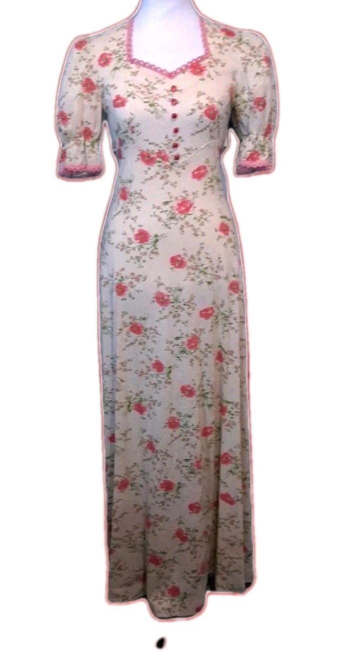 Vintage Maxi Dress Sweetheart Neckline Empire Waist Ditsy Floral Early 70s Sz 7