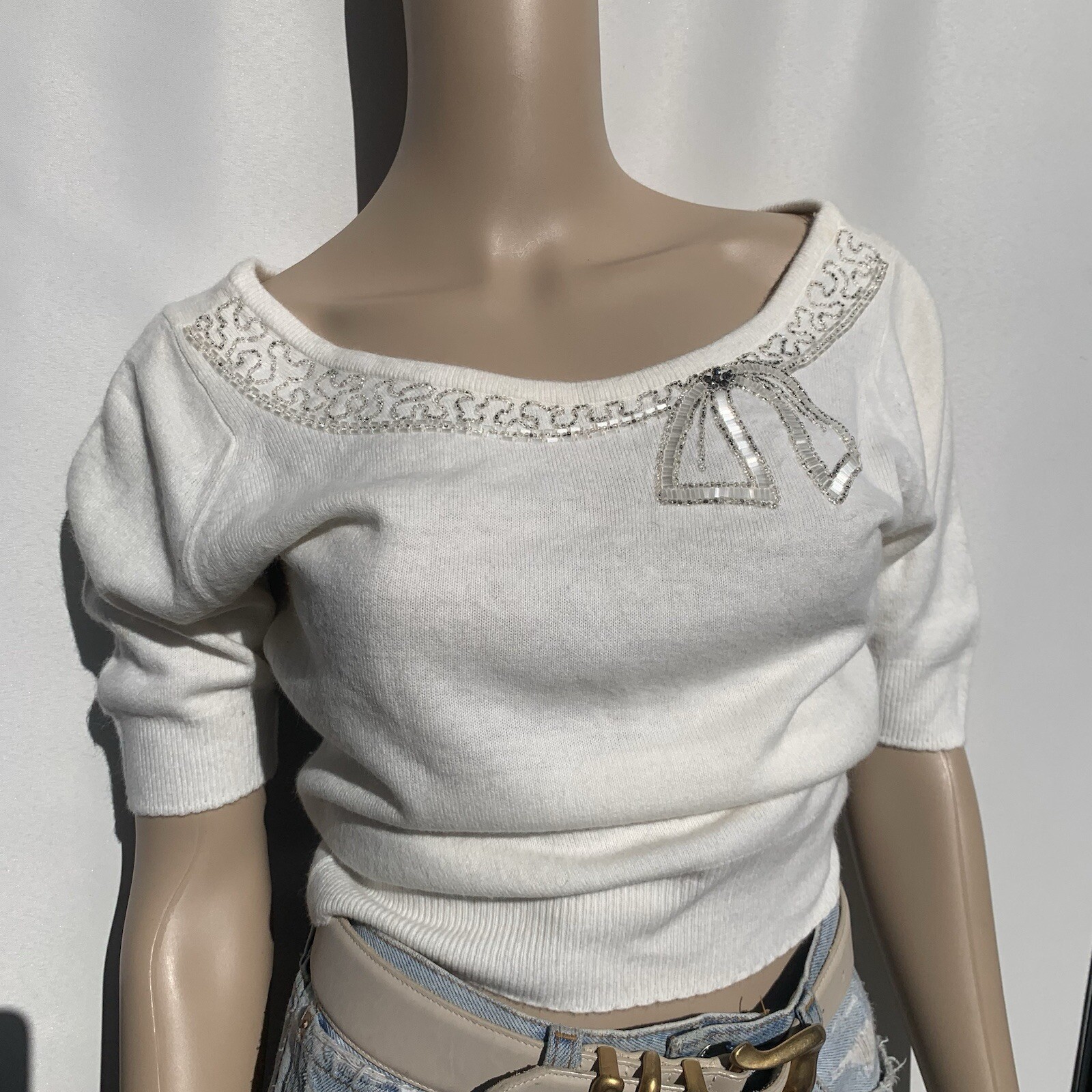 Vintage 50s 60s Beaded Rhinestone Bow Knit Sweater Top