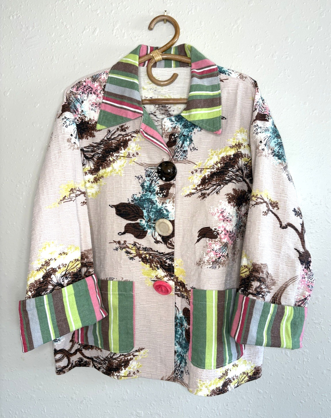 Vintage Mod 60s 70s Barkcloth Patio Chore Jacket Tropical Colorful Women’s XL 1X