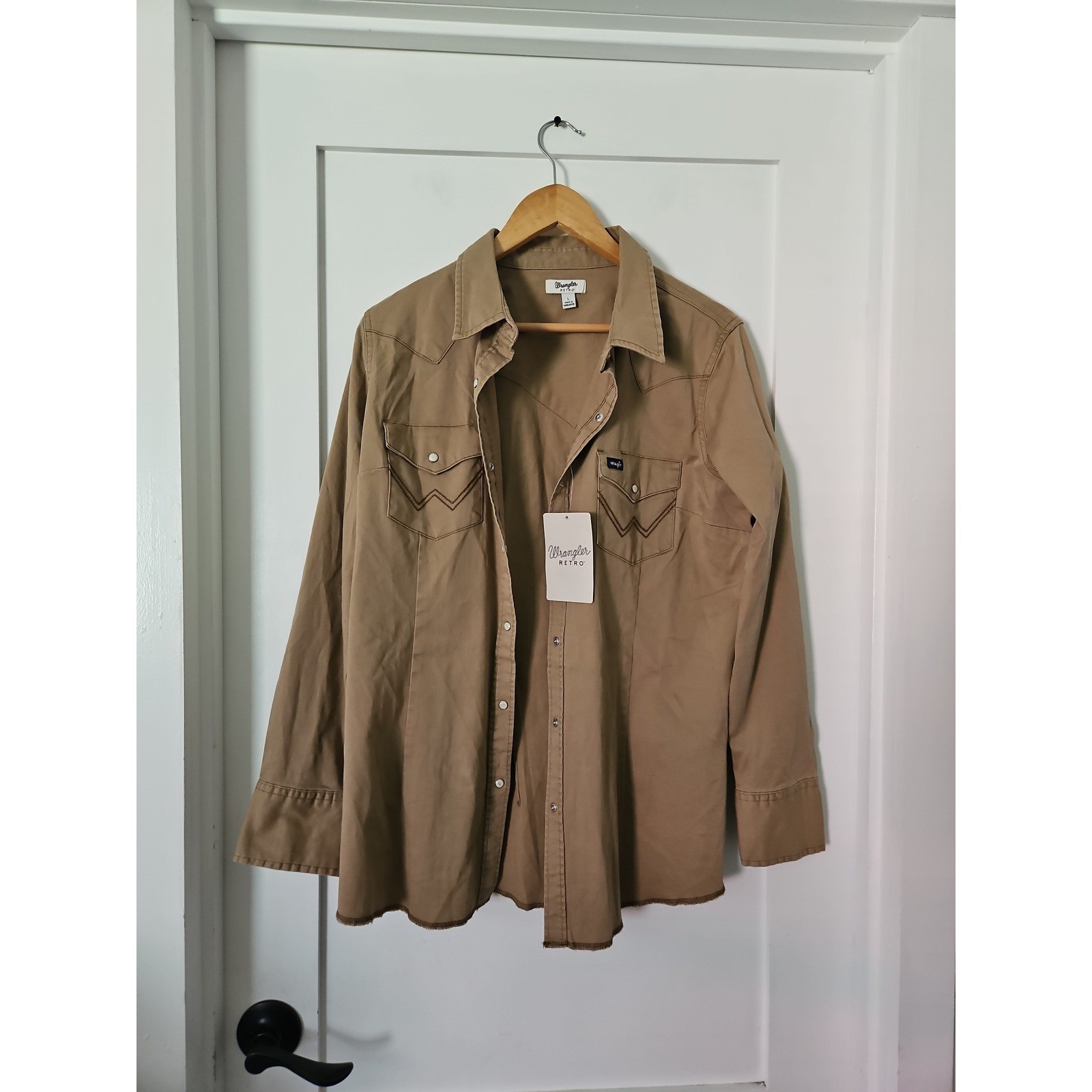 Wrangler Retro NWT Western Pearl Snap Shirt L Tan Khaki Cowgirl Ranch