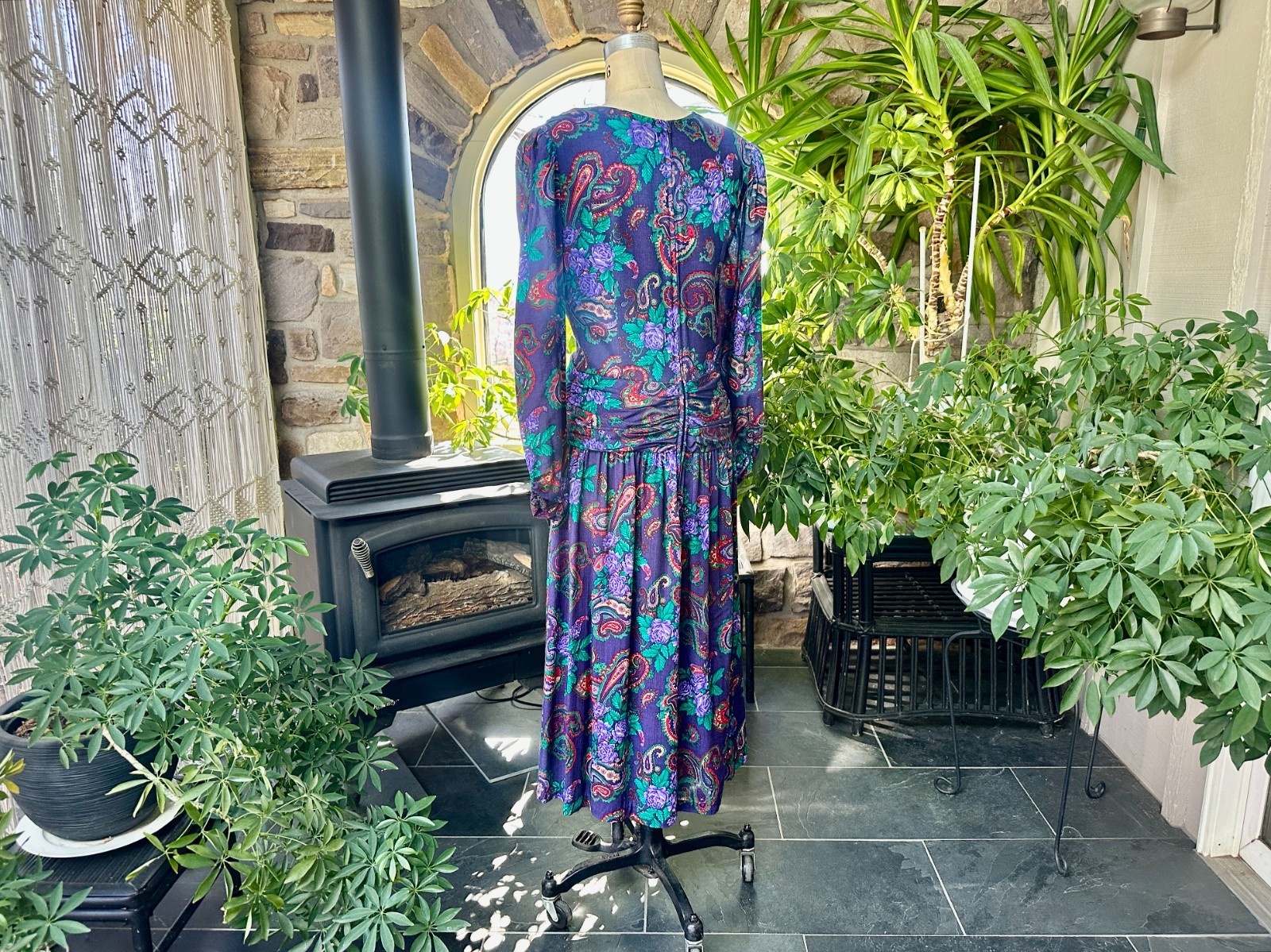 Vintage 1980s Purple Green and Red Paisley Rayon Dress Expo