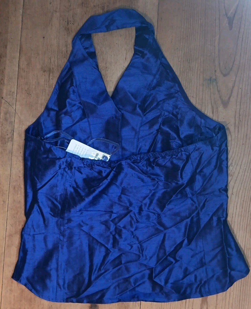 Vtg Jones Wear Womens 10 Halter Neck Top Button Up Blue Purple 100% Silk NWT
