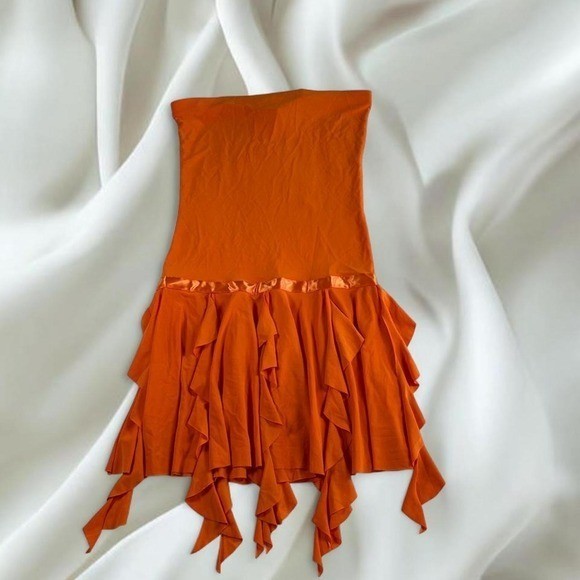 Bliss orange flowy asymmetrical tube top strapless dress Y2K vintage fairy boho