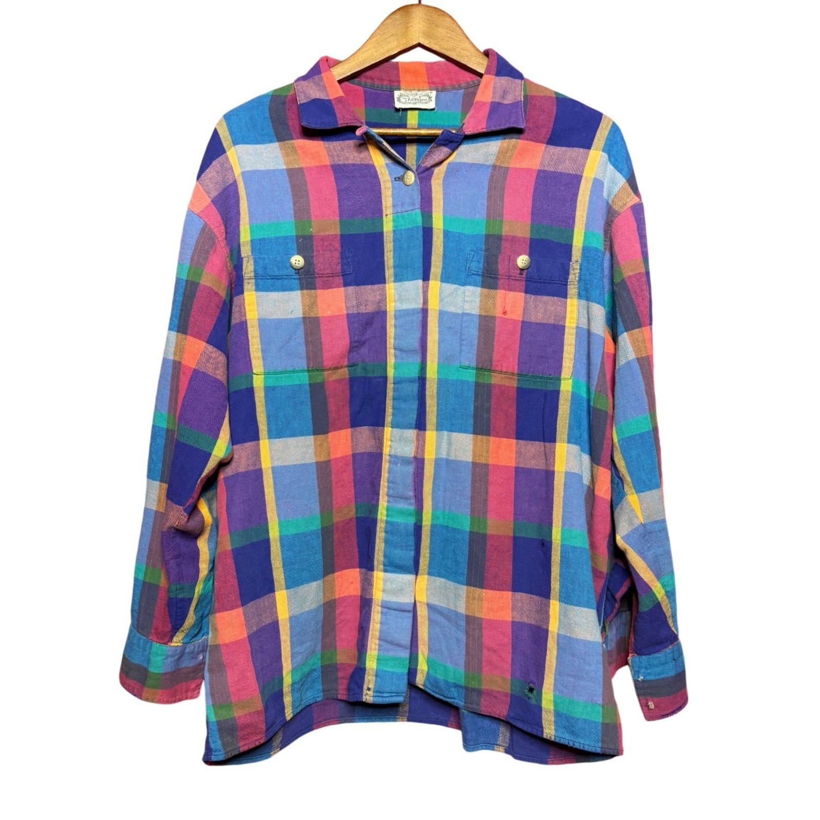 Vintage The Villager Women NA Colorful Flannel Long Sleeve Button Up Blue Shirt