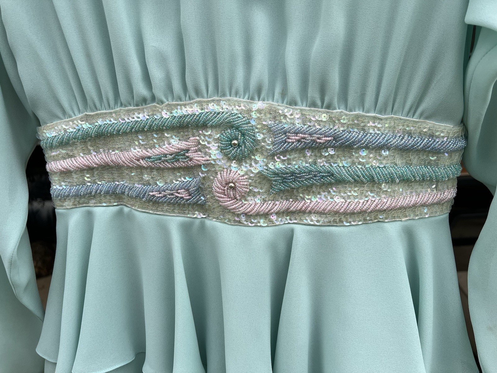 Vintage Mint/Seafoam Formal Chiffon Embroidery Beaded Dress Size 10 no Tags