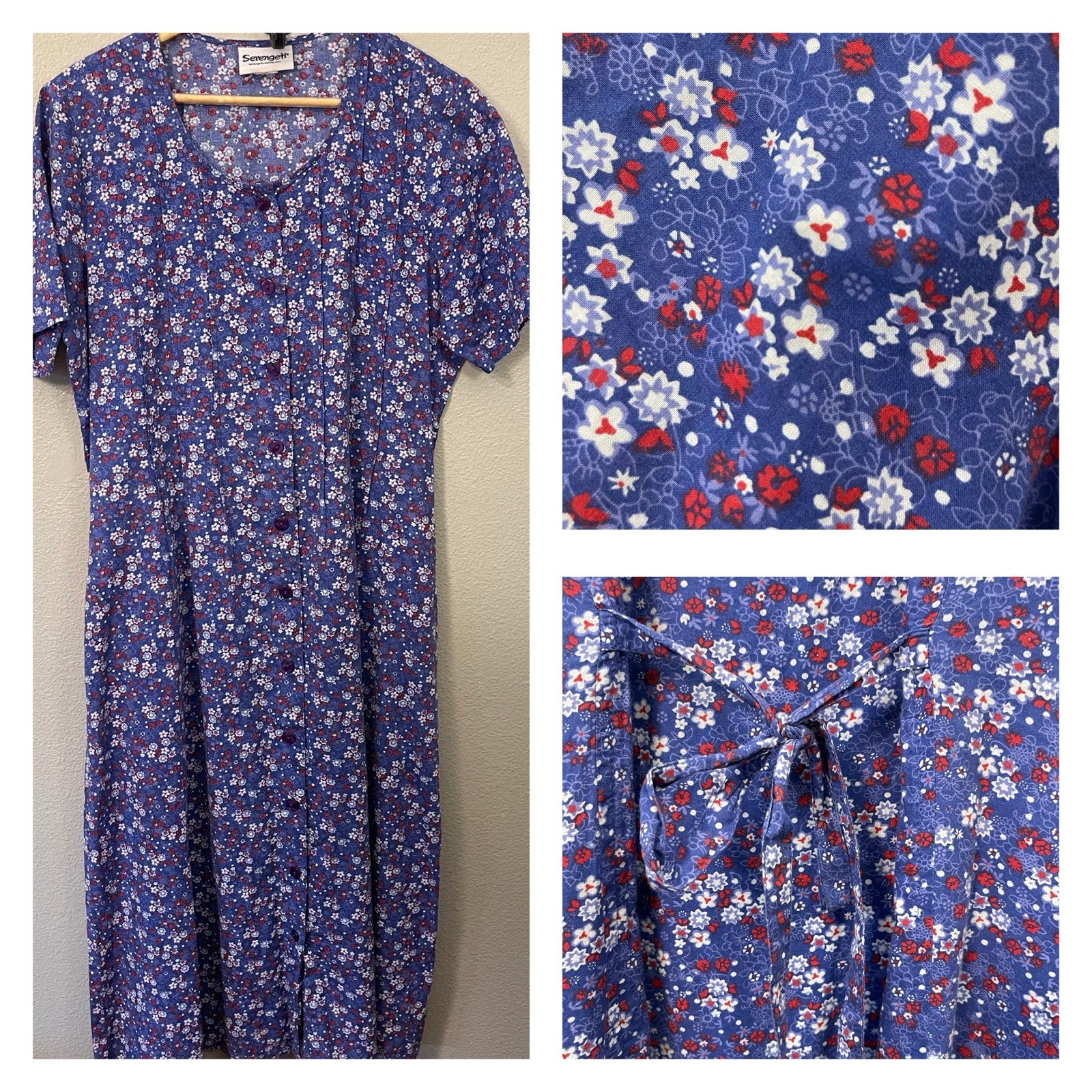 VTG Serengeti Prairie Dress Ditzy Floral Back Tie Americana Cottagecore Sz L ?