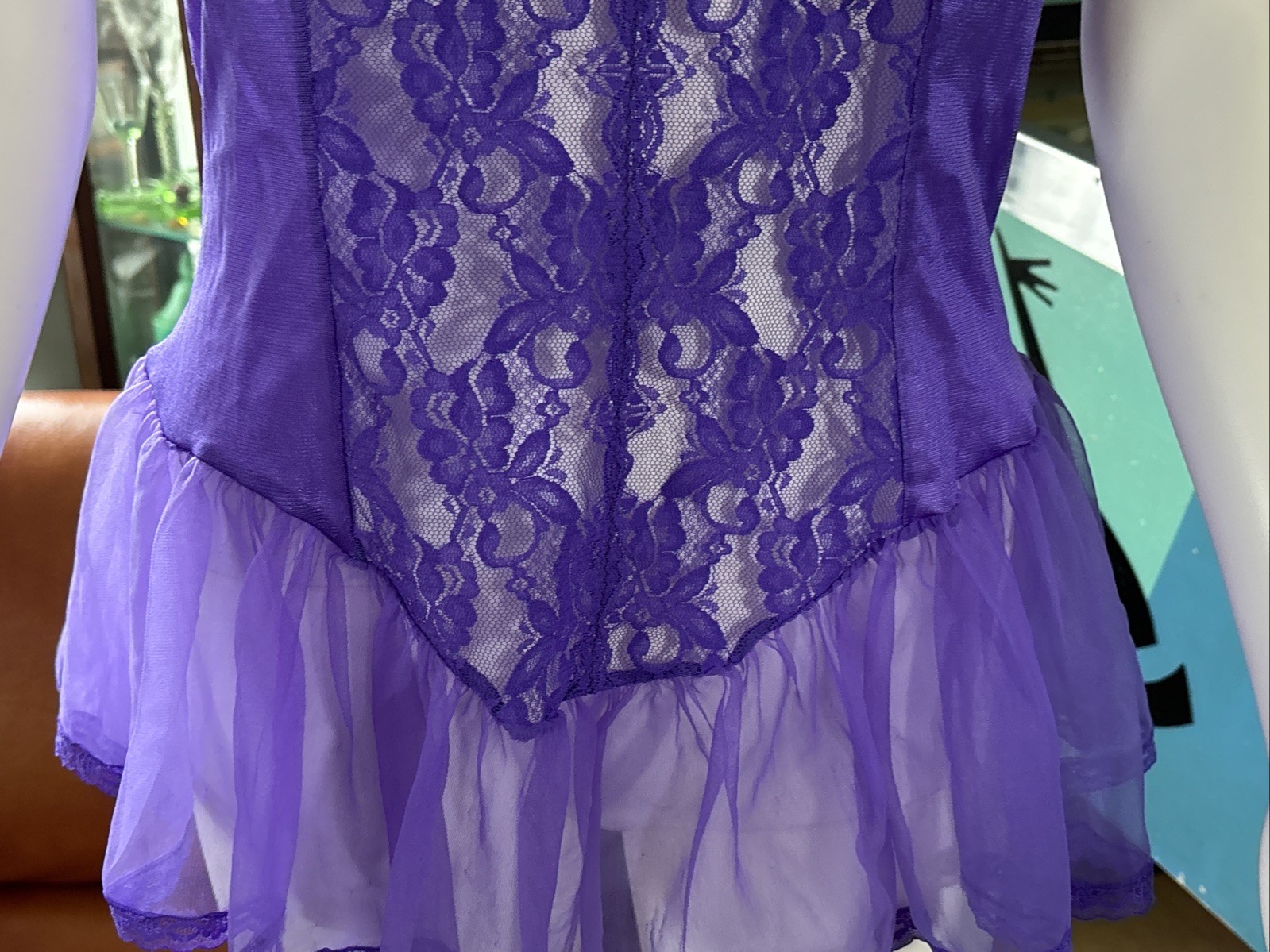 VTG Lingerie 80s 90s Medium Purple Nylon Unbranded Lace and Mesh Babydoll 32″