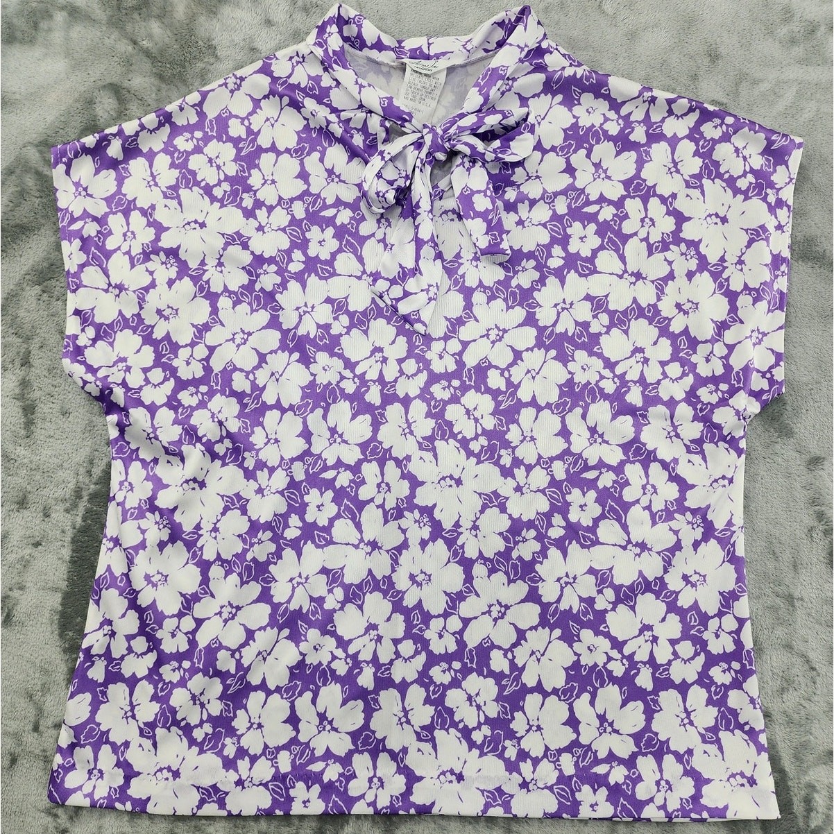Vintage Adam Jay Fashions Top Womens M Purple White Floral Tie Neck Cap Sleeve