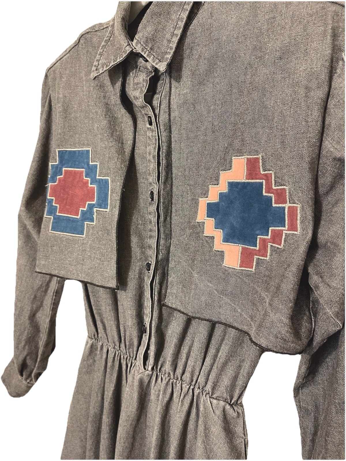 80’s Western Collection BOHO Long Denim Grey Dress Suede Embroidery, Size S-M