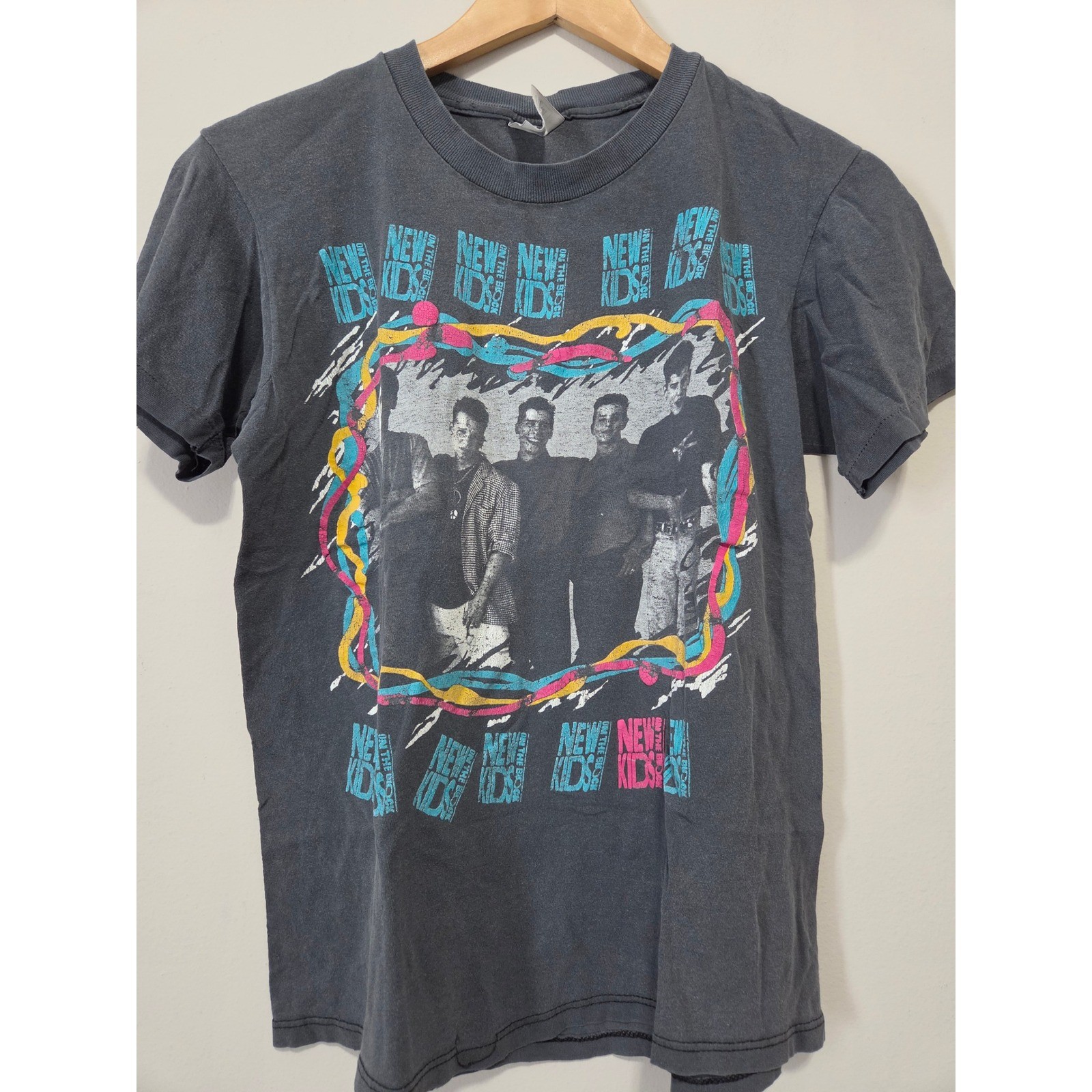 Vintage New Kids On The Block NKOTB Tour T-Shirt Hanes Gray Neon Medium 80s 90s