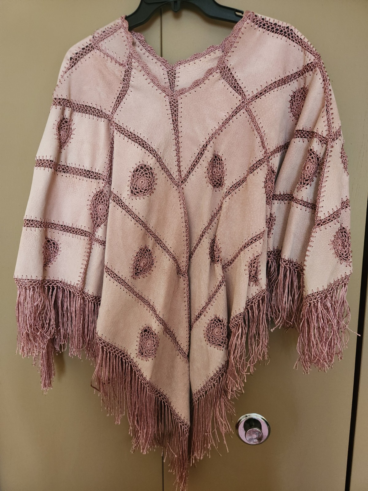 Vintage 60’s 70’s Suede Leather Cape Poncho Boho PINK