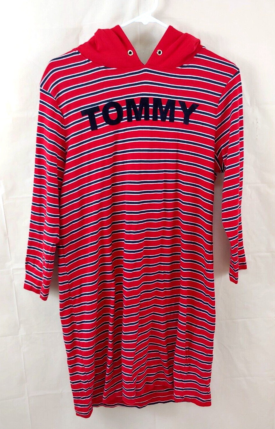 Vtg Tommy Hilfiger Dress Large Y2k Spell Out Hooded Shirt Red Striped Cotton
