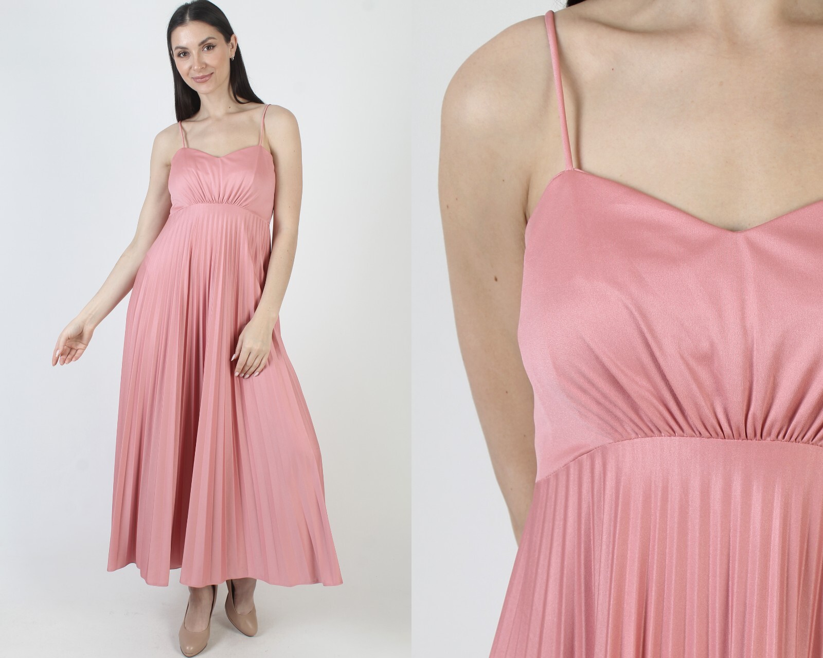 Vtg Pink Grecian Goddess Dress Salmon Spaghetti Strap Pleated Disco Dancing Gown