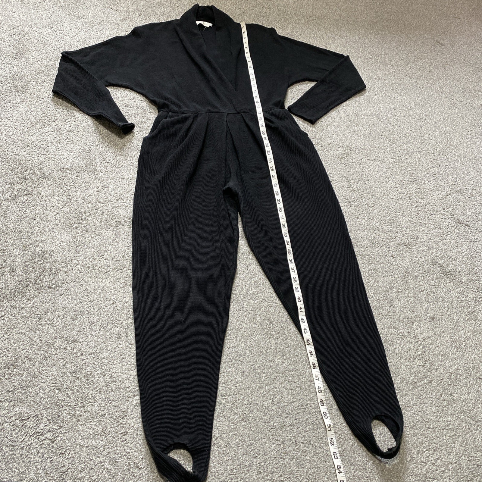 Cache VTG 80s Jumpsuit Sz M * Black Ribbed Knit Stirrups Stretch Pleated Vneck