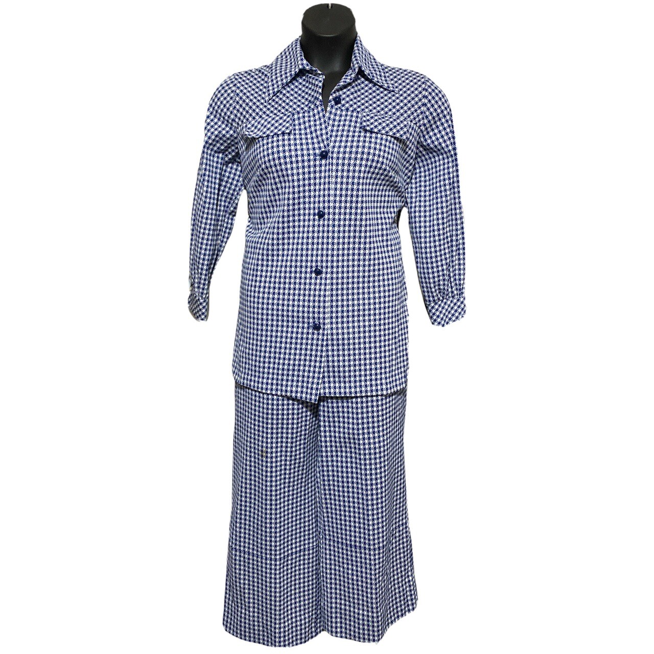 Vintage 70s Women’s Leisure Suit Sears Fashion Houndstooth Blue Polyester Sz 12