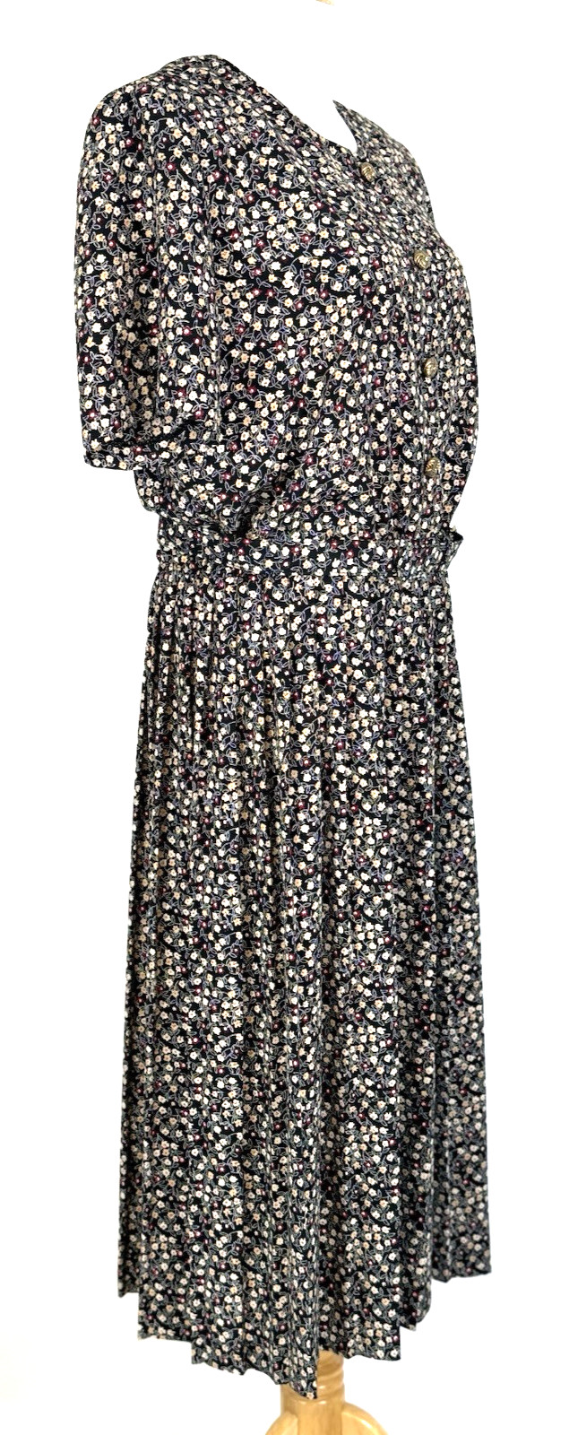 Leslie Fay Womans Size 14 Dress Floral Black Vintage Belted Midi Classic Modest