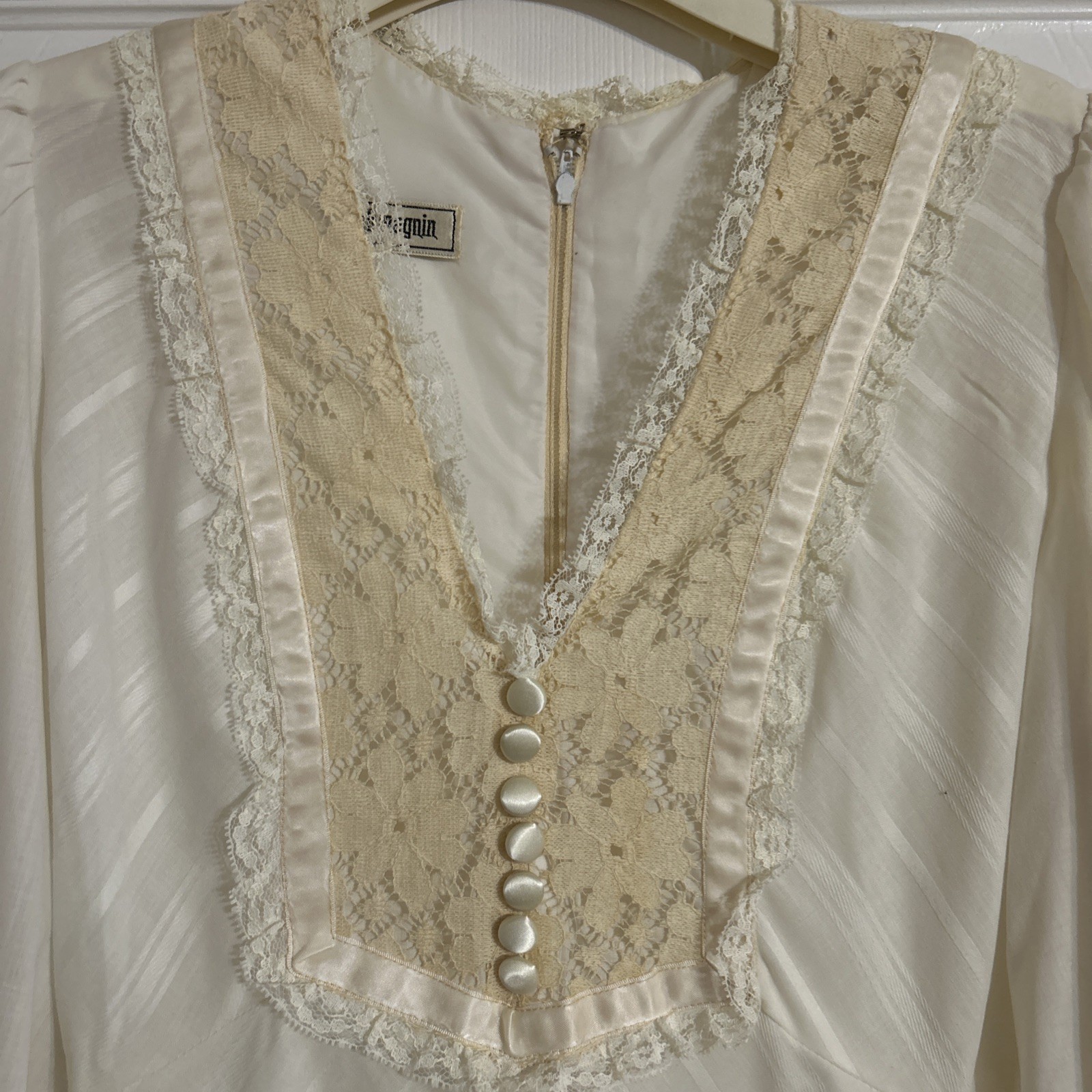 Vintage 1960’s /70’s Joseph Magnin Boho Hippie Prairie Dress Lace Trim Ivory