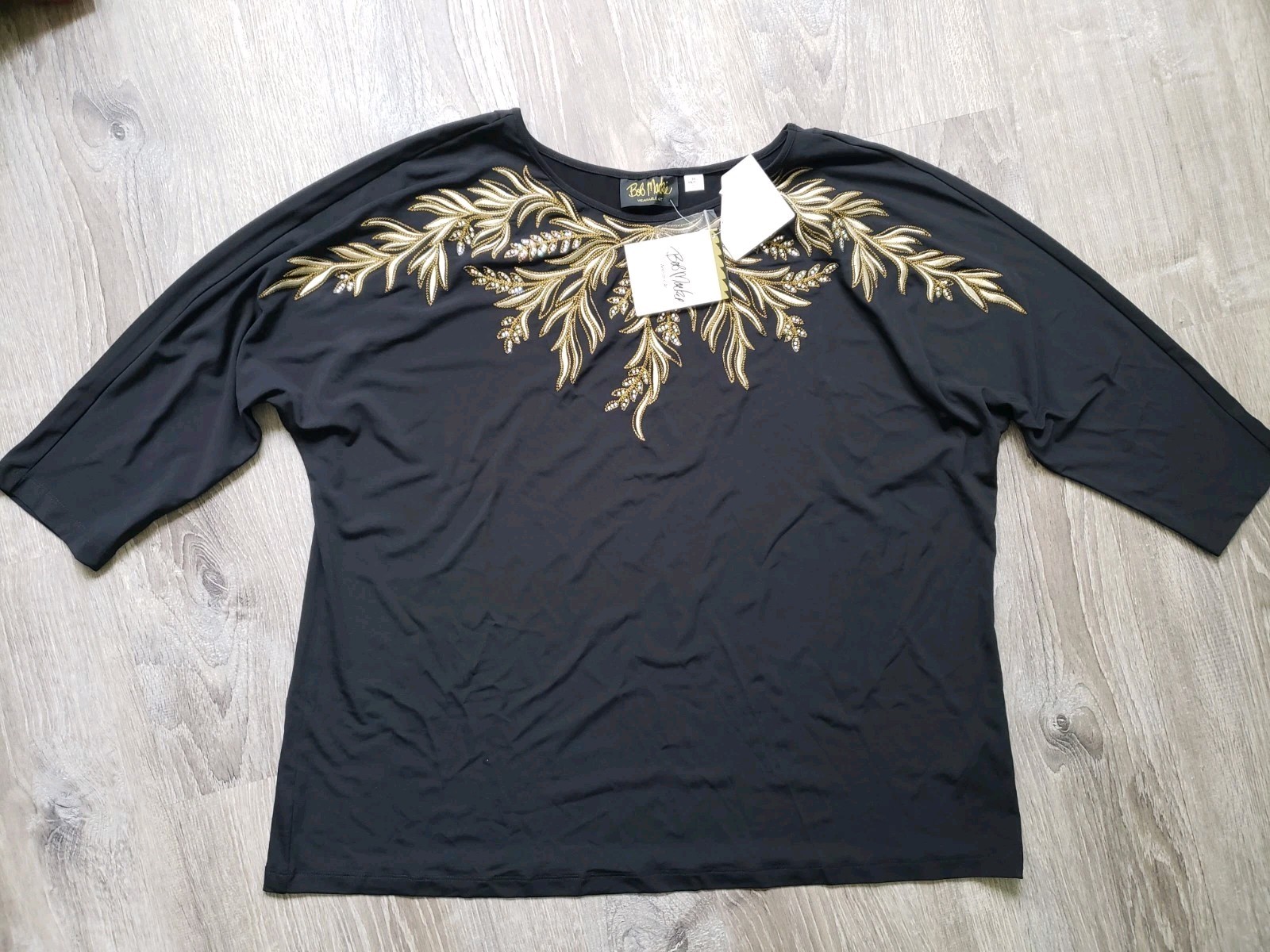 Bob Mackie Wearable Art Women Plus 1X Top Gold Embroidery Studded Black Knit NWT