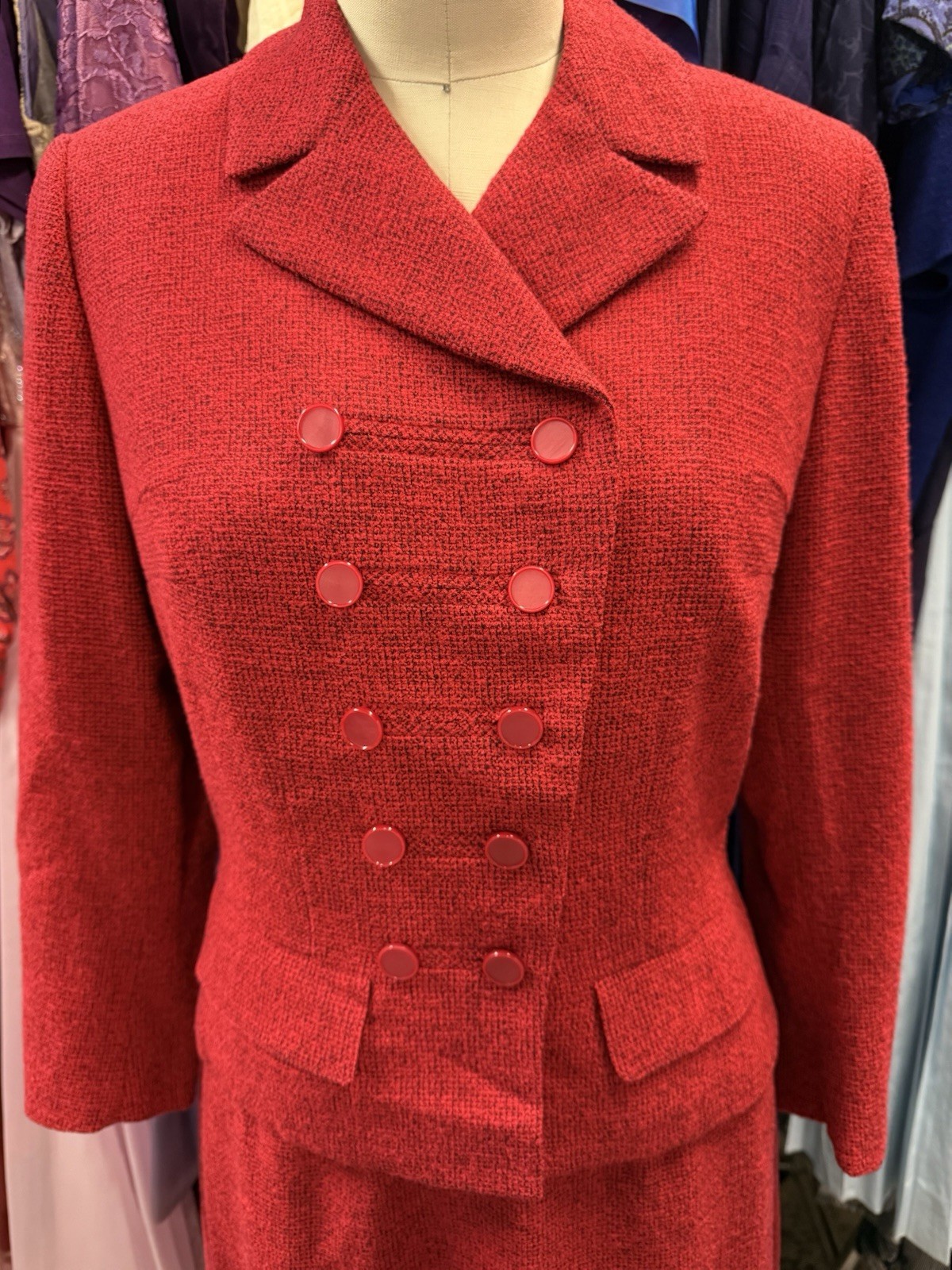 Vintage 1950s Textured Cherry Red Tweed 2pc Womens Suit Blazer / Skirt Small