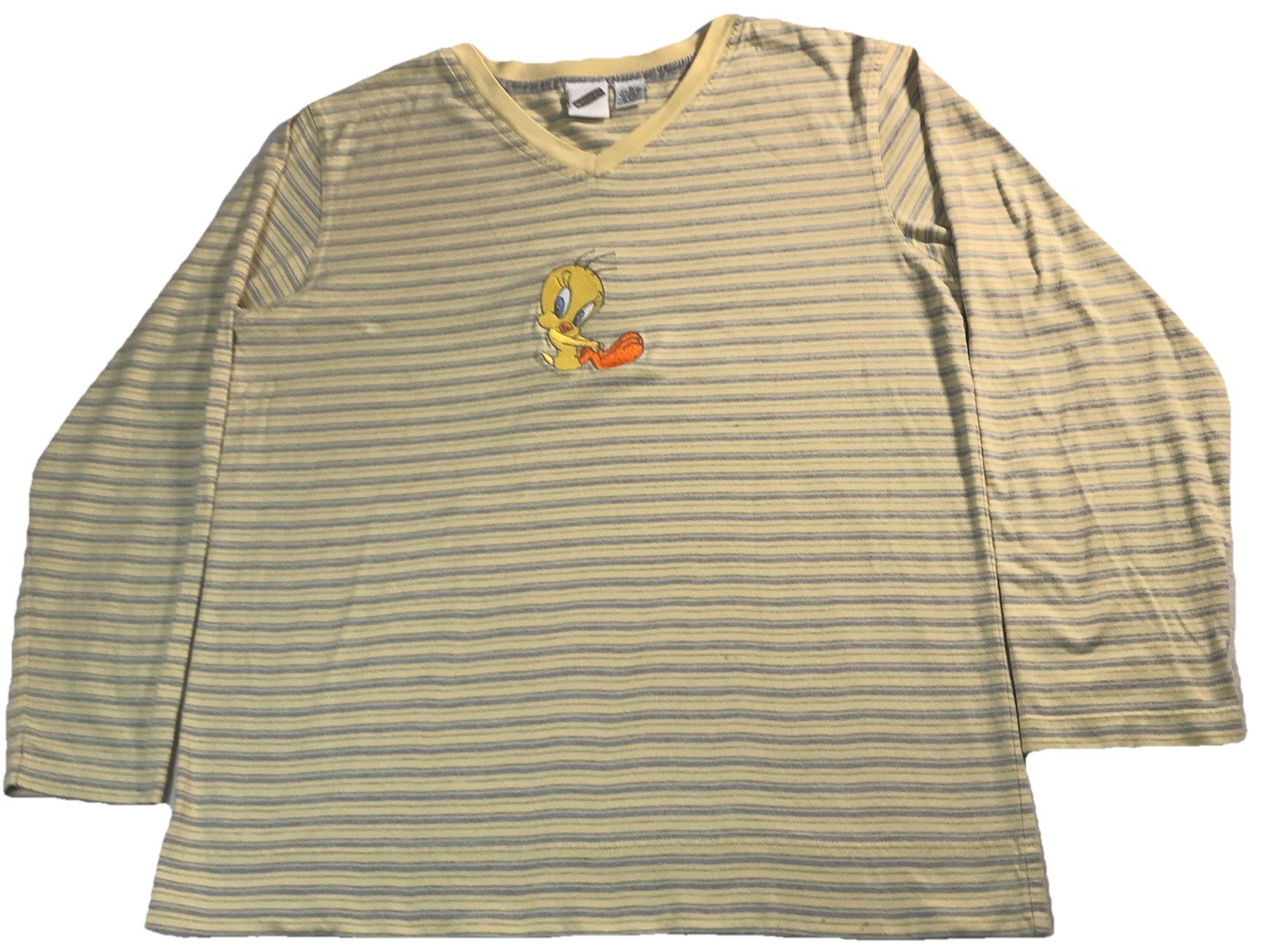 Vtg 1999 Warner Bros Embroidered Tweety Bird LS Striped Yellow Grey Shirt Sz M
