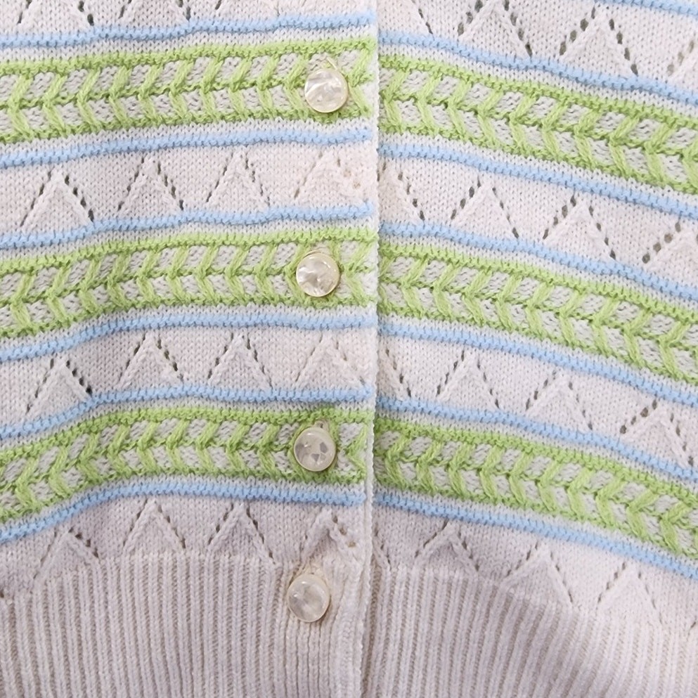 Vintage Sweater Womens XS Cream Green Blue Striped Pointelle Cardigan Twin Set