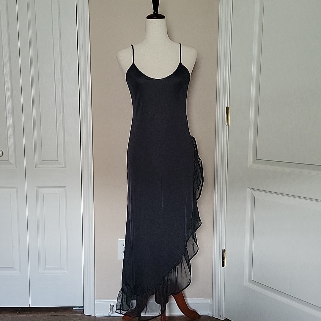Vtg Lady Cameo Black Ruffle Slip Maxi Dress S Open Slit Lingerie 80s 90s Sheer