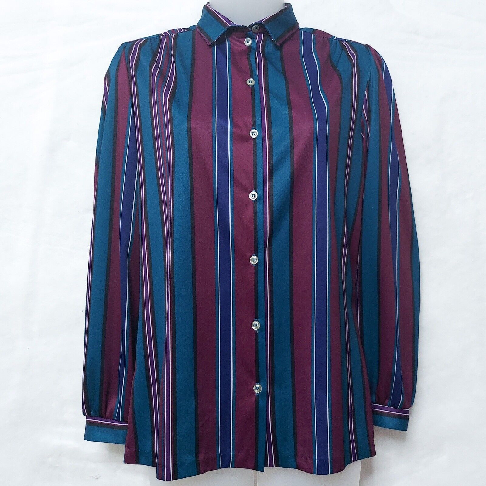 Womens Button Up Shirt Blouse Vintage 70s Small Queen Casuals Stripe Blue Purple